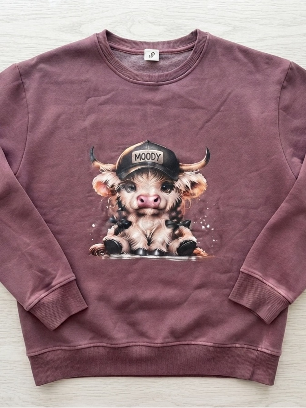 Women’s Mauve acid wash Graphic Sweatshirt with Cute Cow Print